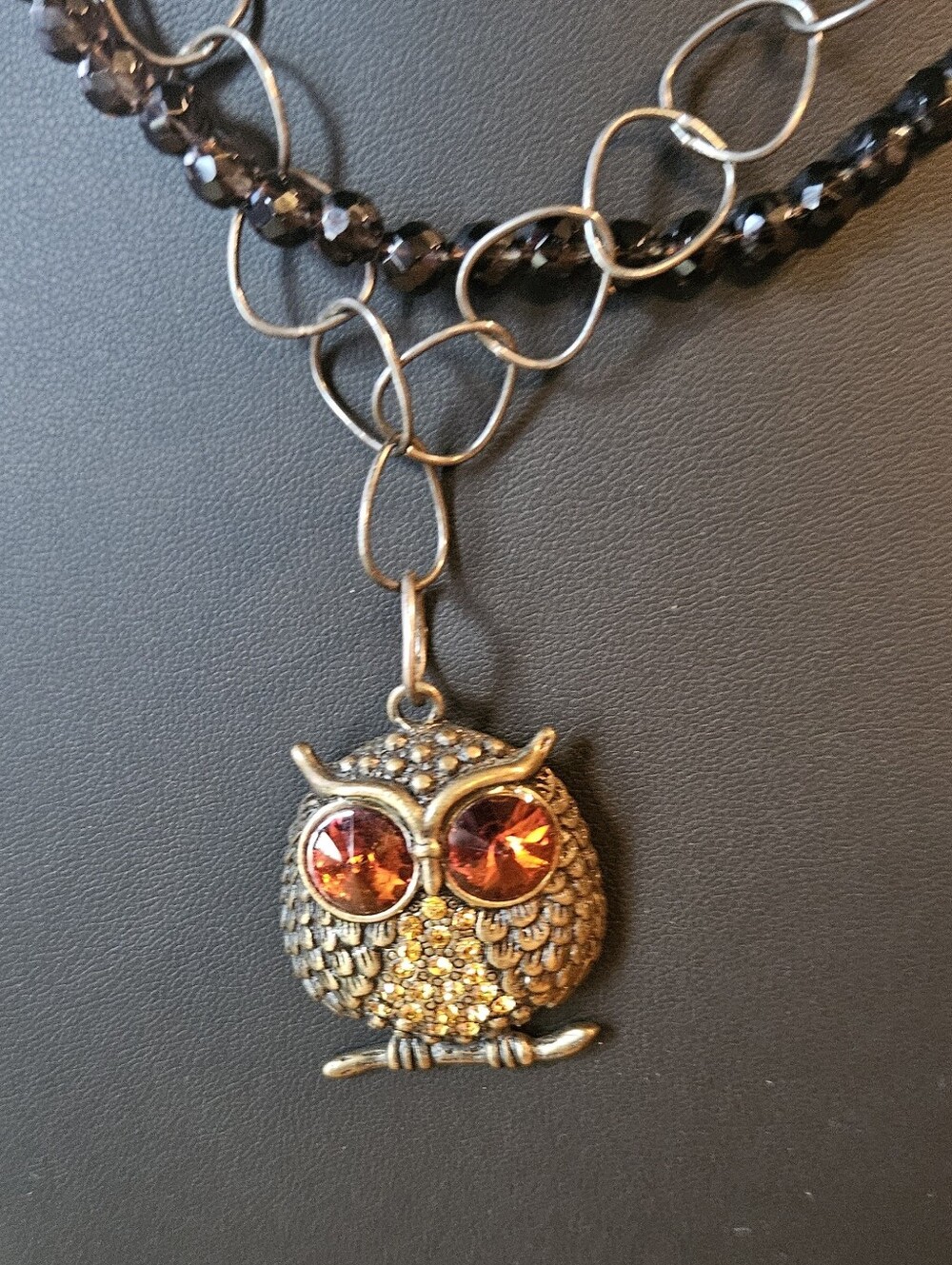 Long Vintage Owl Pendant Necklace Brown Beaded  28" Flapper